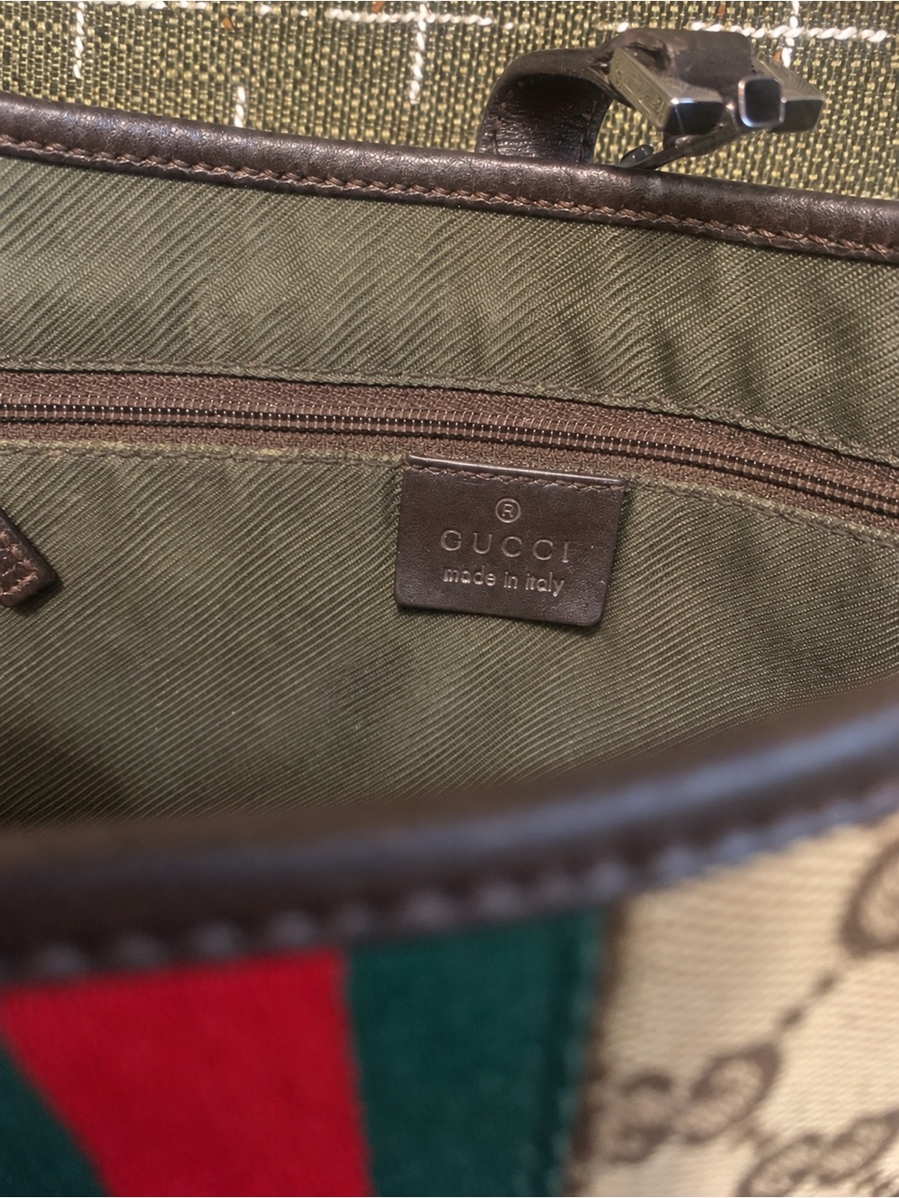 Gucci Brown GG Canvas Shoulder Bag with Black Trim and Green-Red Stripe - Picture 14 of 16